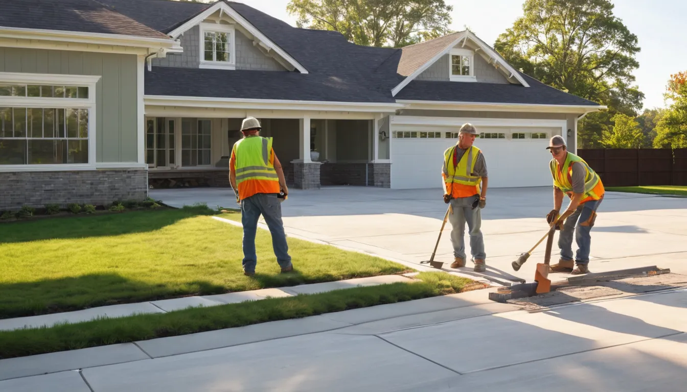 A freshly poured concrete driveway in front of a brick ranch home in Pasadena