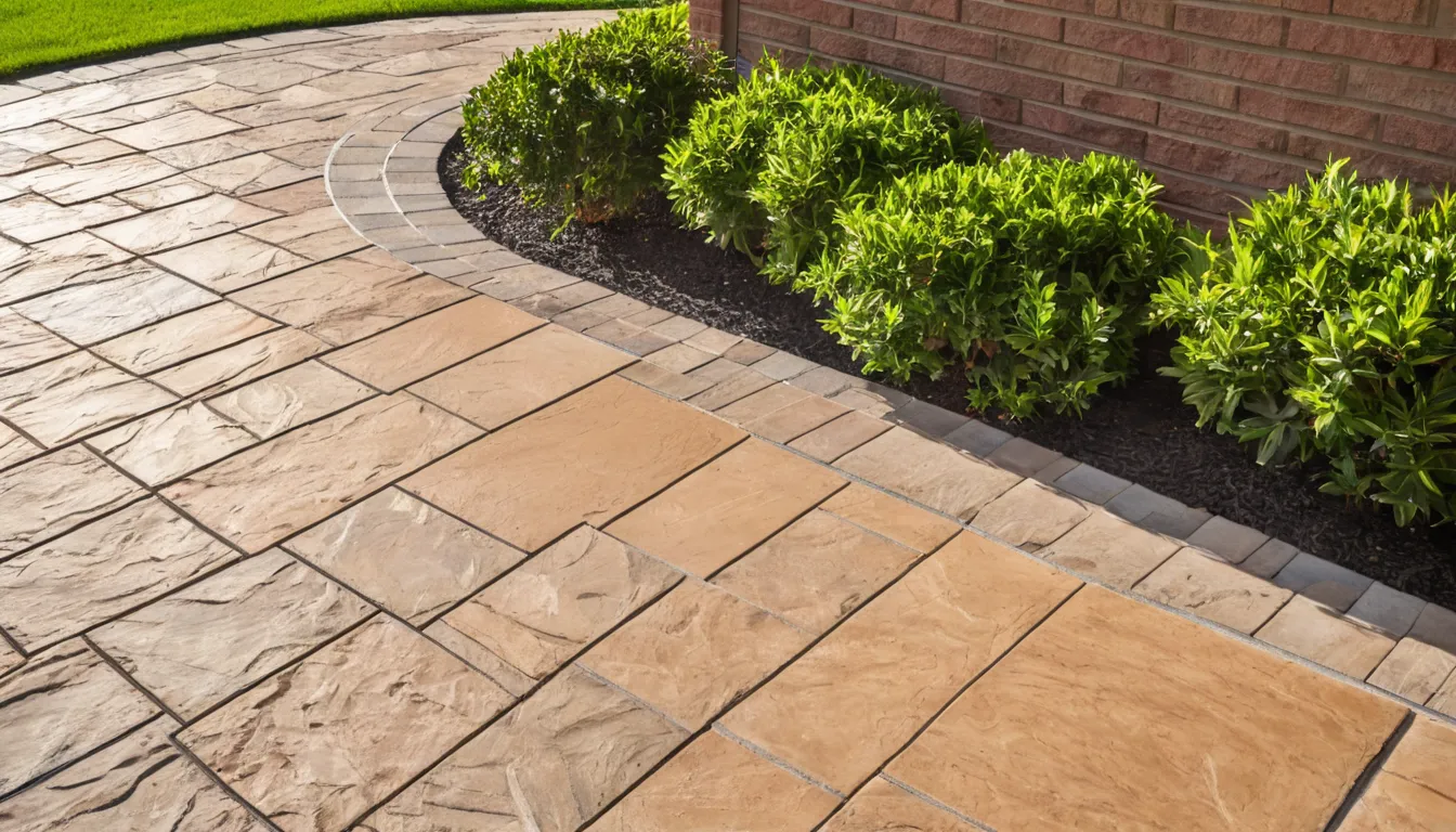 A finished stamped concrete patio with a stone pattern behind a ranch home in Pasadena